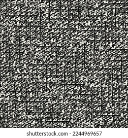 Rough variegated fabric, in black and white, decorated with some thin stripes arranged vertically and horizontally. Country wool or cotton blanket. Rug texture background. Seamless pattern.