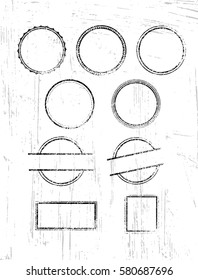 Rough Vector Stamp Collection On Distressed Grunge Background. Creative Vintage Insignia Design Element Set