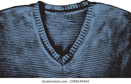 Rough vintage male sweater template. Blue vector pullover. Noisy grunge two-color design element for overlay