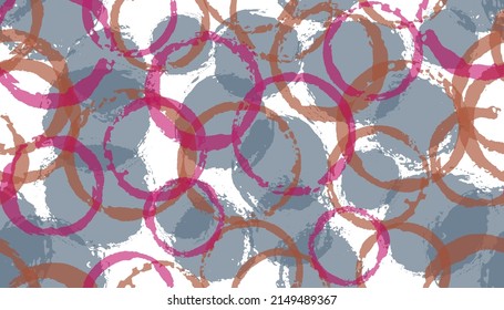 Rough watercolor circle stamps textile print. Round shape spot overlapping elements vector seamless pattern. Grunge texture circle stamps textile seamless.