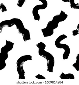 Rough Wavy Brushstrokes Hand Drawn Vector Seamless Pattern. Scattered Dirty Waves, Curved Black Ink Printmaking Texture. Chaotic Curly Stripes Monochrome Background. Minimal Wallpaper, Textile Design