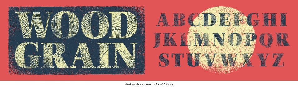 Rough Wood Grain Serif Font. Bold Serif Font with a Rough Woodcut, Letterpress texture. Detailed individually textured characters. Unique design font.