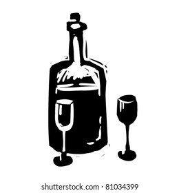 rough woodcut illustration of a bottle with glasses