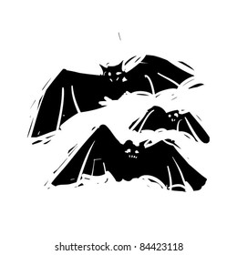 rough woodcut illustration of a halloween bats