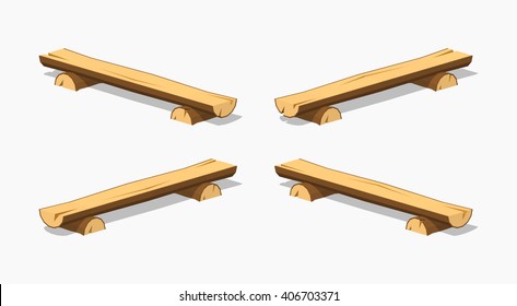 Rough wooden bench. 3D lowpoly isometric vector illustration. The set of objects isolated against the white background and shown from different sides