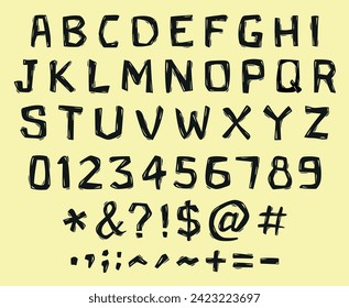 Roughly contoured alphabet that carries the effect of two traditional engraving techniques, woodblock printing or linoleum cut printing