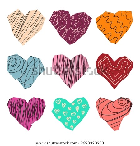 Roughly cut hearts from colored paper. Paper design elements for collage and scrapbooking. Angular hearts with jagged edges and chalk strokes texture. Vector illustration on white background