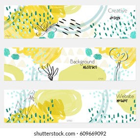 Pancarta pintada en color amarillo blanco con flores de león. Texturas dibujadas a mano, diseño creativo abstracto. Cabecera del sitio web, plantillas de folleto de venta de publicidad en medios sociales. Aislado en capa