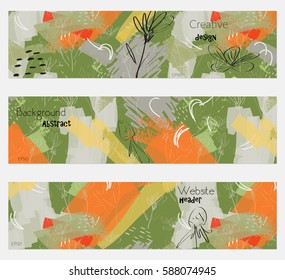 Roughly drawn dandelion orange green banner set.Hand drawn textures creative abstract design. Website header social media advertisement sale brochure templates. Isolated on layer