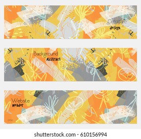 Roughly drawn dandelion yellow gray banner set.Hand drawn textures creative abstract design. Website header social media advertisement sale brochure templates. Isolated on layer