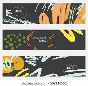 Roughly drawn floral elements black yellow banner set.Hand drawn textures creative abstract design. Website header social media advertisement sale brochure templates. Isolated on layer