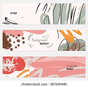 Roughly drawn floral elements cream pink banner set.Hand drawn textures creative abstract design. Website header social media advertisement sale brochure templates. Isolated on layer