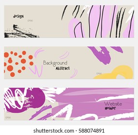 Roughly drawn floral elements cream purple banner set.Hand drawn textures creative abstract design. Website header social media advertisement sale brochure templates. Isolated on layer