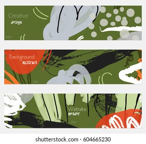 Roughly drawn floral elements green gray banner set.Hand drawn textures creative abstract design. Website header social media advertisement sale brochure templates. Isolated on layer
