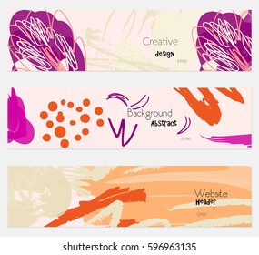 Roughly drawn floral elements light orange cream banner set.Hand drawn textures creative abstract design. Website header social media advertisement sale brochure templates. Isolated on layer