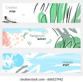 Roughly drawn floral elements white blue banner set.Hand drawn textures creative abstract design. Website header social media advertisement sale brochure templates. Isolated on layer