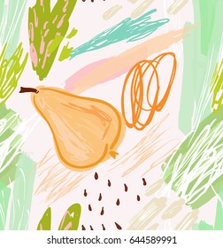 Roughly drawn pear.Abstract seamless pattern. Universal bright background for greeting cards, invitations. Had drawn ink and marker watercolor texture.