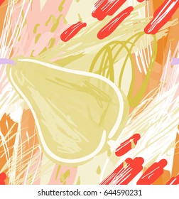 Roughly drawn pear.Abstract seamless pattern. Universal bright background for greeting cards, invitations. Had drawn ink and marker watercolor texture.