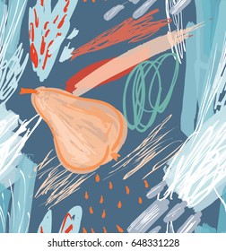 Roughly drawn pear.Abstract seamless pattern. Universal bright background for greeting cards, invitations. Had drawn ink and marker watercolor texture.