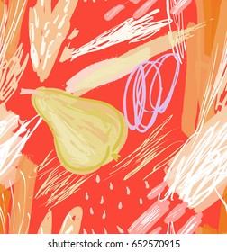 Roughly drawn pear.Abstract seamless pattern. Universal bright background for greeting cards, invitations. Had drawn ink and marker watercolor texture.