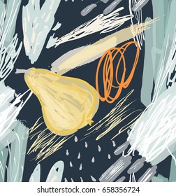 Roughly drawn pear.Abstract seamless pattern. Universal bright background for greeting cards, invitations. Had drawn ink and marker watercolor texture.
