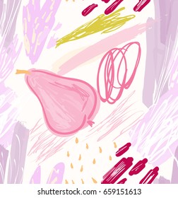 Roughly drawn pear.Abstract seamless pattern. Universal bright background for greeting cards, invitations. Had drawn ink and marker watercolor texture.
