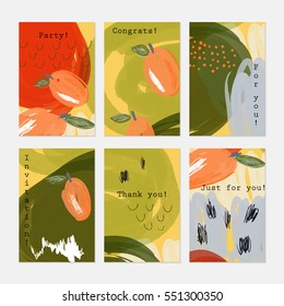 Roughly drawn plums orange green.Hand drawn creative invitation greeting cards.Poster placard flayer design templates. Anniversary Birthday wedding party cards.Isolated on layer.