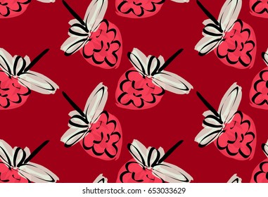Roughly drawn raspberries.Abstract seamless pattern. Universal bright background for greeting cards, invitations. Had drawn ink and marker watercolor texture.