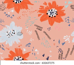 Roughly drawn spring flowers and seeds.Abstract seamless pattern. Universal bright background for greeting cards, invitations. Had drawn ink and marker watercolor texture.