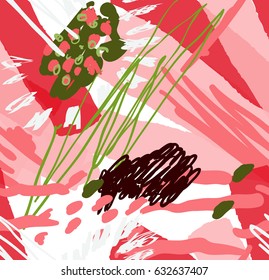 Roughly drawn spring flowers and seeds.Abstract seamless pattern. Universal bright background for greeting cards, invitations. Had drawn ink and marker watercolor texture.