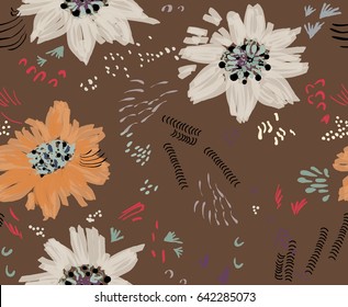 Roughly drawn spring flowers and seeds.Abstract seamless pattern. Universal bright background for greeting cards, invitations. Had drawn ink and marker watercolor texture.