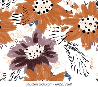 Roughly drawn spring flowers and seeds.Abstract seamless pattern. Universal bright background for greeting cards, invitations. Had drawn ink and marker watercolor texture.