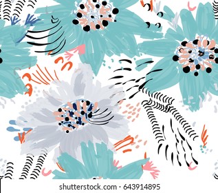 Roughly drawn spring flowers and seeds.Abstract seamless pattern. Universal bright background for greeting cards, invitations. Had drawn ink and marker watercolor texture.