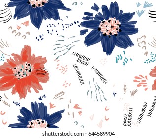 Roughly drawn spring flowers and seeds.Abstract seamless pattern. Universal bright background for greeting cards, invitations. Had drawn ink and marker watercolor texture.