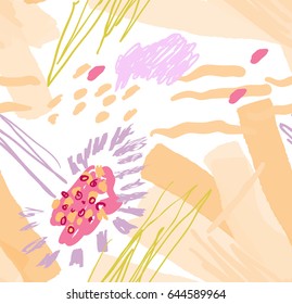 Roughly drawn spring flowers and seeds.Abstract seamless pattern. Universal bright background for greeting cards, invitations. Had drawn ink and marker watercolor texture.