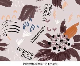 Roughly drawn spring flowers and seeds.Abstract seamless pattern. Universal bright background for greeting cards, invitations. Had drawn ink and marker watercolor texture.