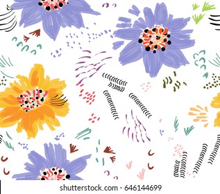 Roughly drawn spring flowers and seeds.Abstract seamless pattern. Universal bright background for greeting cards, invitations. Had drawn ink and marker watercolor texture.