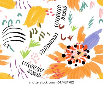 Roughly drawn spring flowers and seeds.Abstract seamless pattern. Universal bright background for greeting cards, invitations. Had drawn ink and marker watercolor texture.