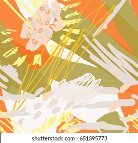 Roughly drawn spring flowers and seeds.Abstract seamless pattern. Universal bright background for greeting cards, invitations. Had drawn ink and marker watercolor texture.