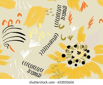 Roughly drawn spring flowers and seeds.Abstract seamless pattern. Universal bright background for greeting cards, invitations. Had drawn ink and marker watercolor texture.