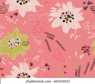 Roughly drawn spring flowers and seeds.Abstract seamless pattern. Universal bright background for greeting cards, invitations. Had drawn ink and marker watercolor texture.