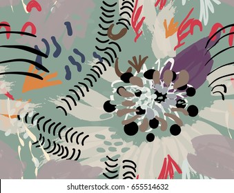 Roughly drawn spring flowers and seeds.Abstract seamless pattern. Universal bright background for greeting cards, invitations. Had drawn ink and marker watercolor texture.