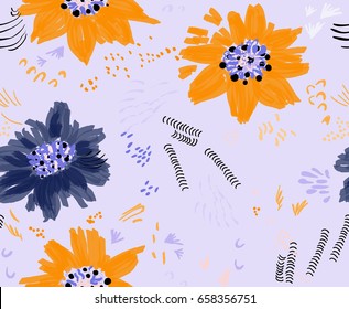 Roughly drawn spring flowers and seeds.Abstract seamless pattern. Universal bright background for greeting cards, invitations. Had drawn ink and marker watercolor texture.