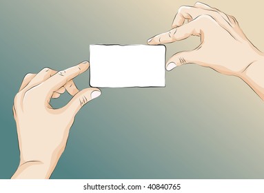 Roughly drawn stylized hands holding a card. Lines, main shape fill, highlights/shading, card fill and background are all on separate layers.