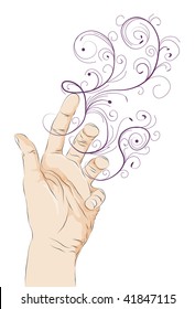 Roughly drawn stylized open hand illustration with swirls. Hand fills, Hand outlines and swirl shapes are all on separate layers.