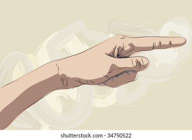 Roughly drawn stylized pointing hand illustration. Lines, painted shading, background smears and color are all on separate layers.