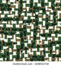 Roughly painted mottled fabric. Checkered grunge fashionable camouflage. Seamless texture.