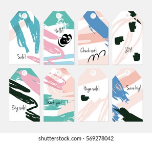 Roughly scribbled orange cream white black tag set.Creative universal gift tags.Hand drawn textures.Ethic tribal design.Ready to print sale labels Isolated on layer.