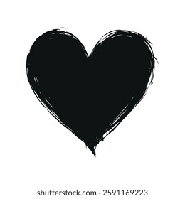 A roughly sketched black heart shape with uneven edges on a clean white background, symbolizing love and imperfection. Valentine's day illustration.