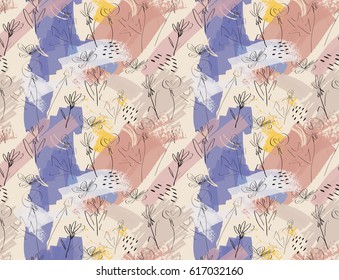 Roughly sketched dandelion flower brown purple.Creative abstract colorful seamless pattern.  Universal bright background for greeting cards, invitations. Had drawn ink and marker texture.
